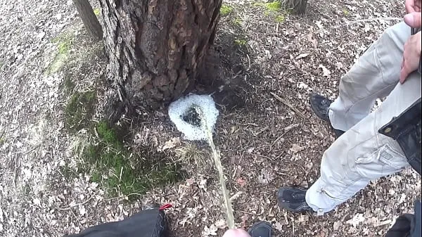 Nuevo chicos meando juntos en un gran charco espumoso en un árbol tubo total